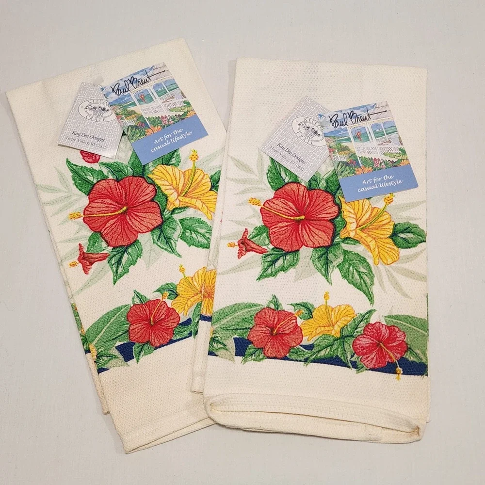 Kay Dee‎ Designs Hibiscus Floral Kitchen Towels Set of 2 Cream NWT Paul Brent